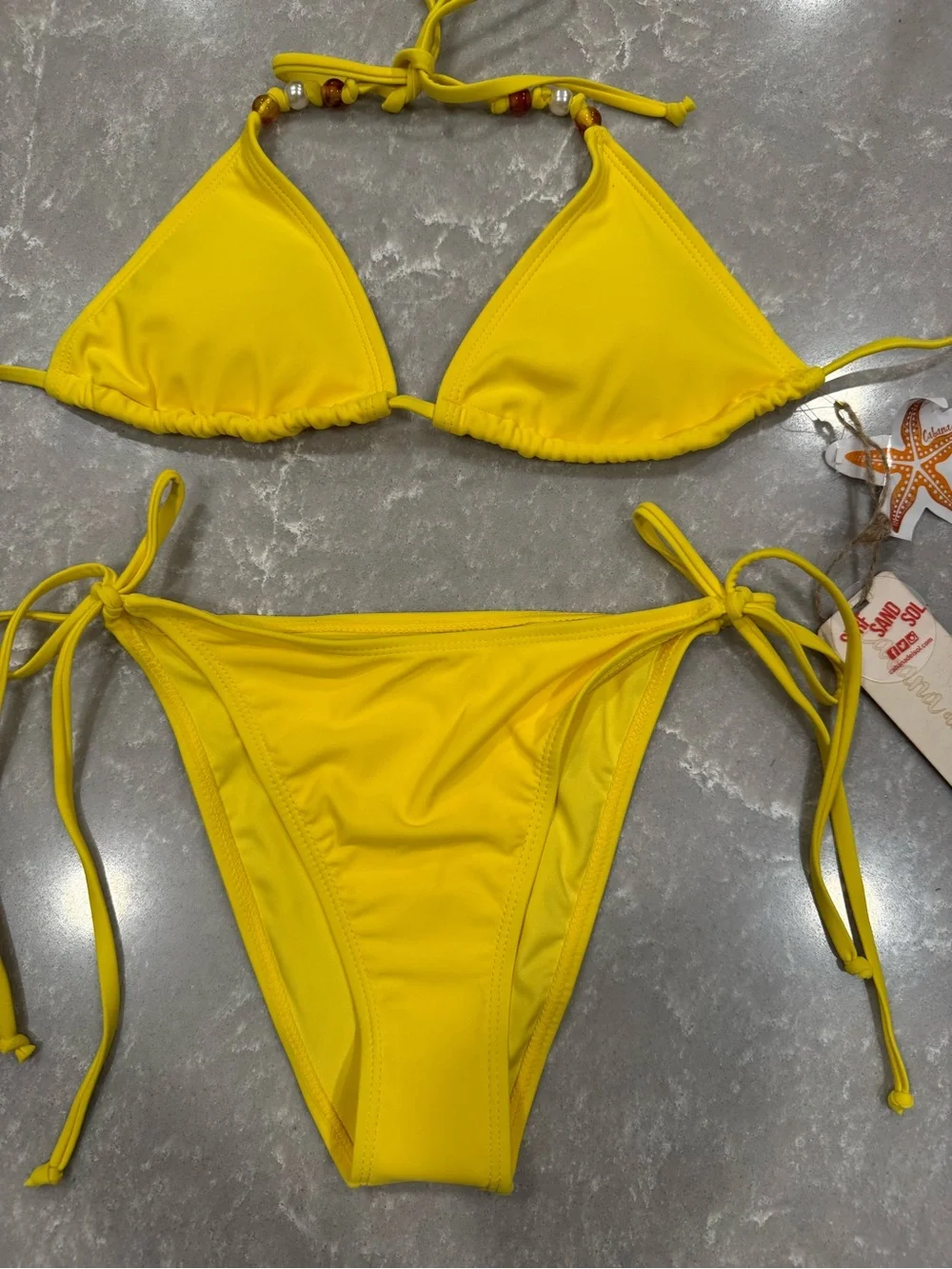 Cabana del Sol Yellow Beaded Triangle Bikini Swimsuit Small NWT Tie Side